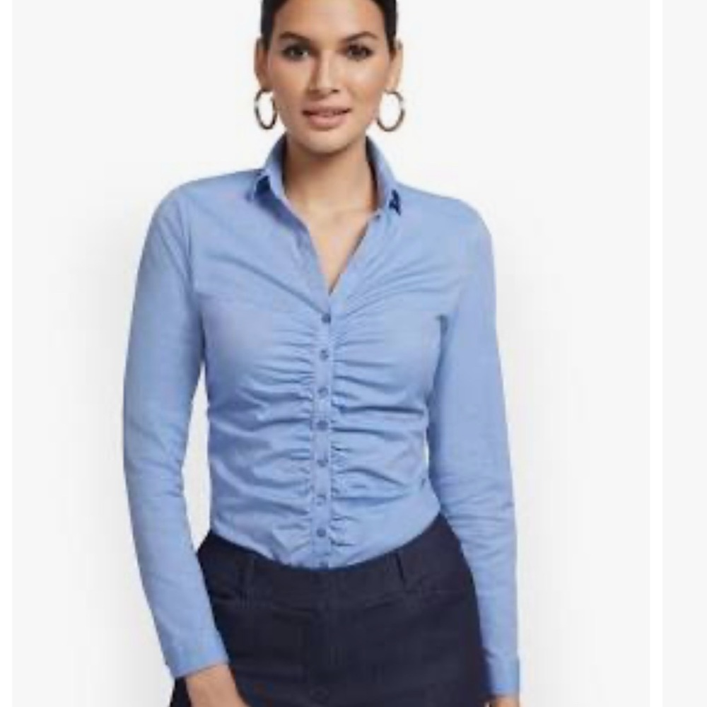 New York & Company Blue and White Ruched Blouse